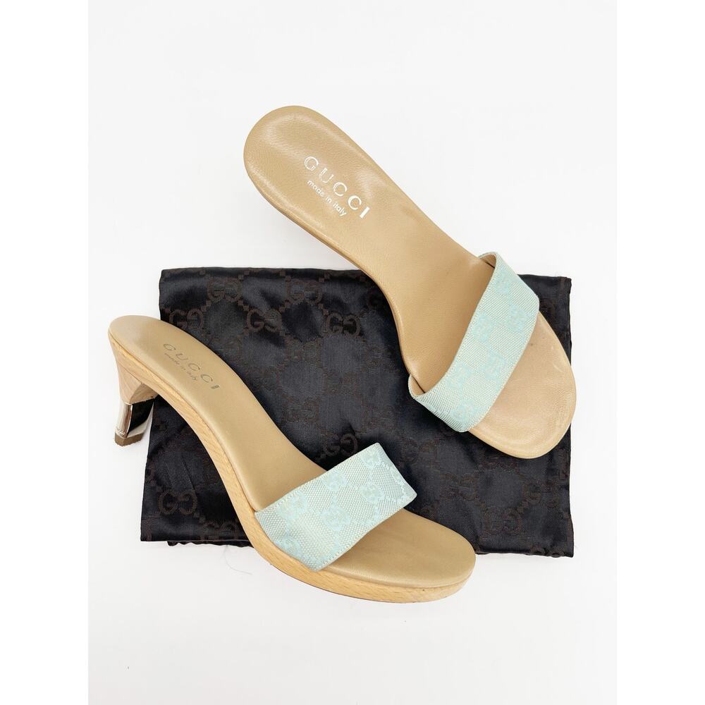 Gucci Vintage Teal GG Monogram Canvas Wooden Heel Slide Mule Sandals EU 36.5 - Picture 2 of 15